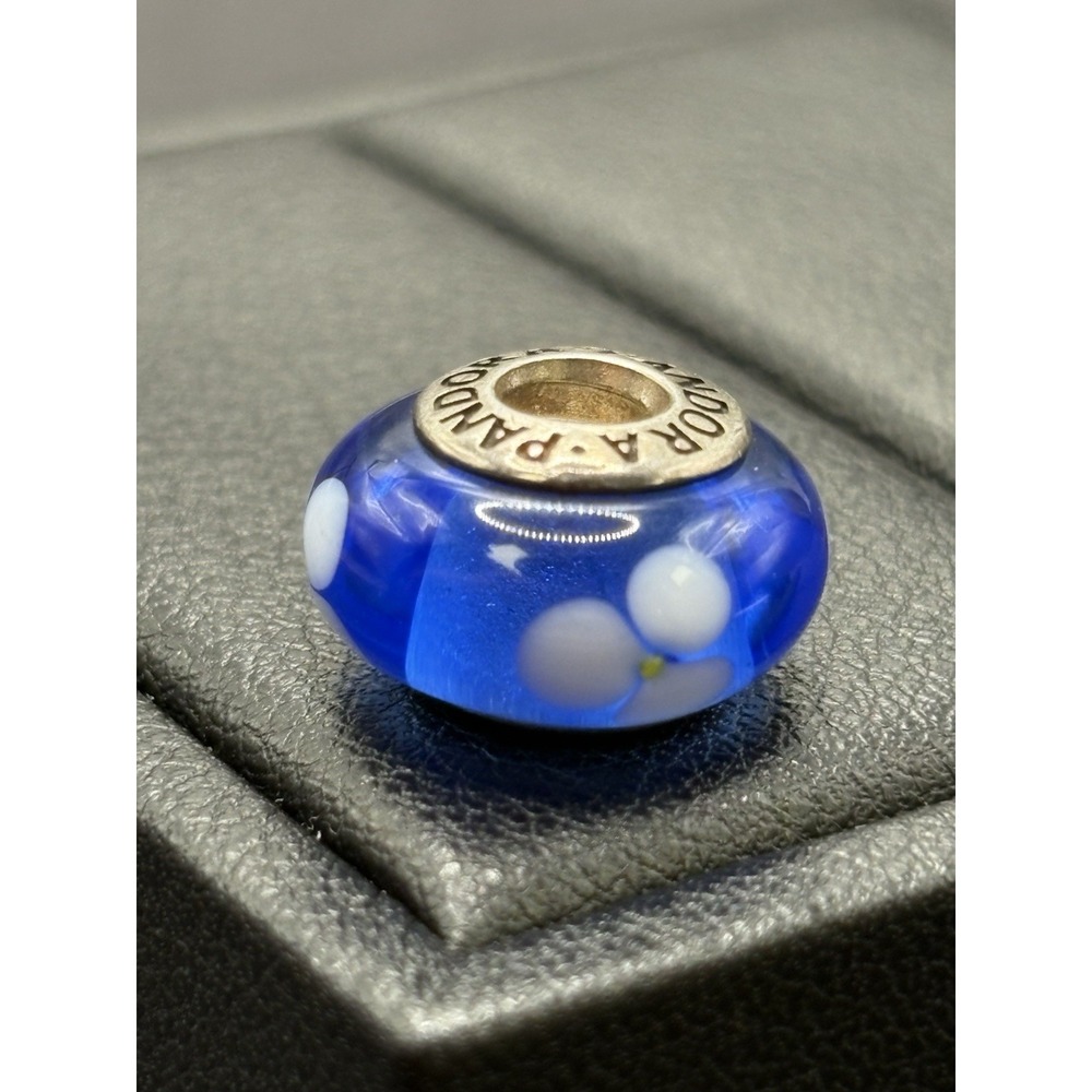 Pandora Blue Murano Glass White Flower Charm ALE H20